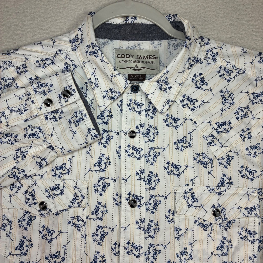 Cody James Pearl Snap Western Shirt Men L White Floral Cowboy Rodeo Long Sleeve